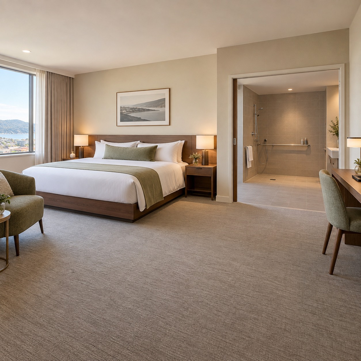 Accessible King at Orlune Atrium: King bed, wide circulation space and a roll-in shower.