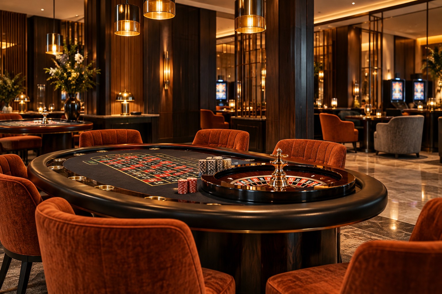 Roulette table and upholstered seats in the Casino Lounge