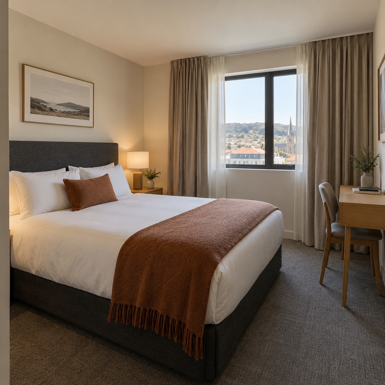 Classic Queen at Orlune Atrium: Queen bed, writing desk and an enclosed shower.