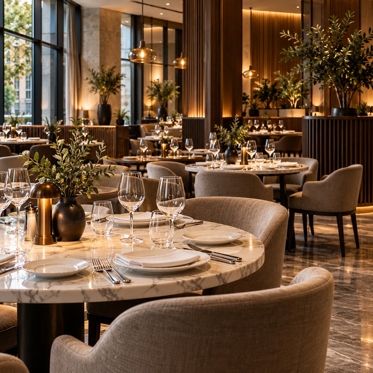 Marble dining tables and upholstered chairs in the hotel restaurant