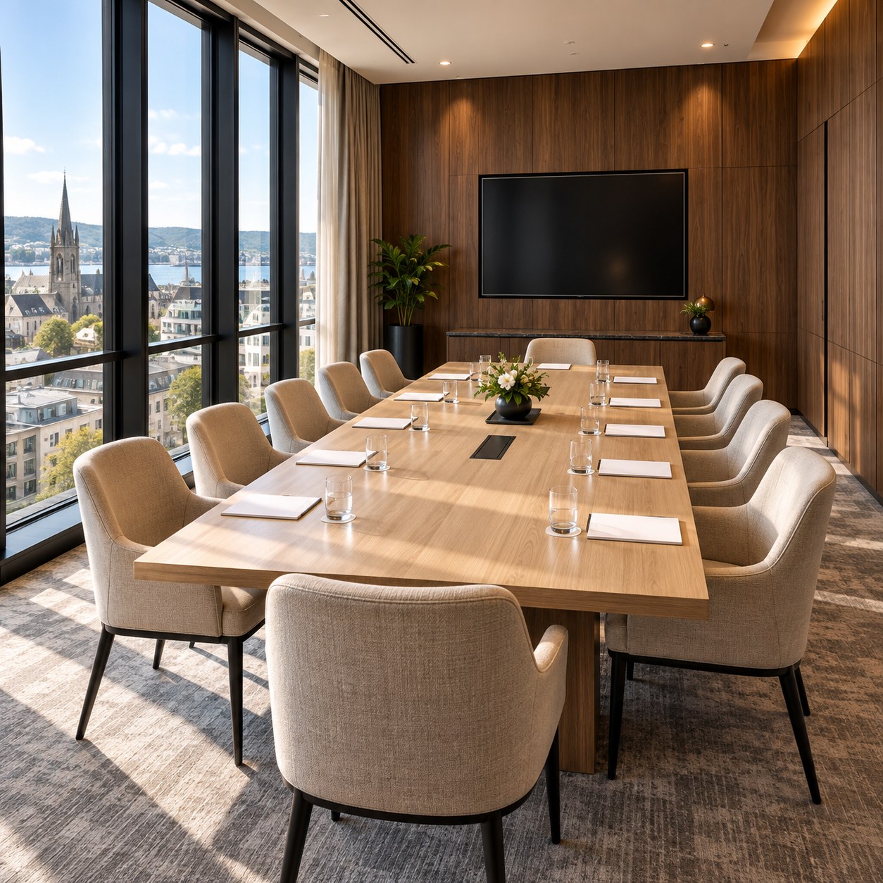 Meeting table with chairs, notepads and water in a daylit hotel room