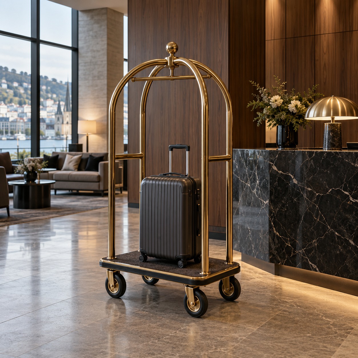 Brass luggage trolley beside the hotel reception desk