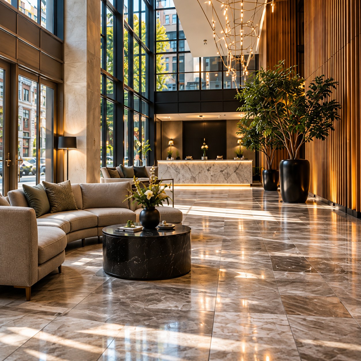 Seating and reception in the Orlune Atrium lobby
