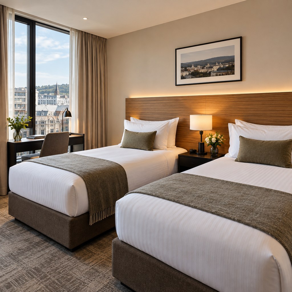 Twin Room at Orlune Atrium: Two single beds, a shared bedside table and a desk.