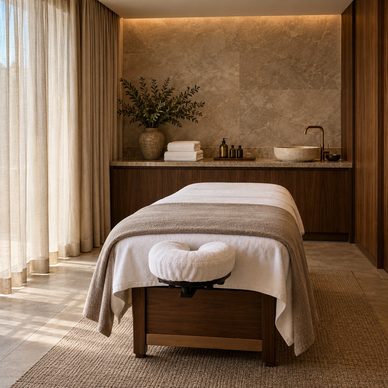 Hotel treatment room with a massage table, folded towels and timber finishes